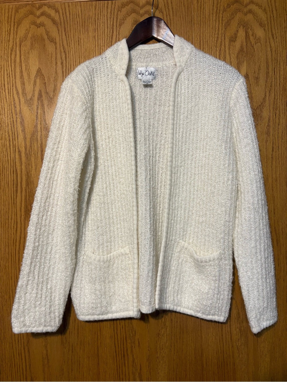 Vintage Wye Oaks Ivory Ribbed Knit Cardigan Open Front Sweater with Pockets